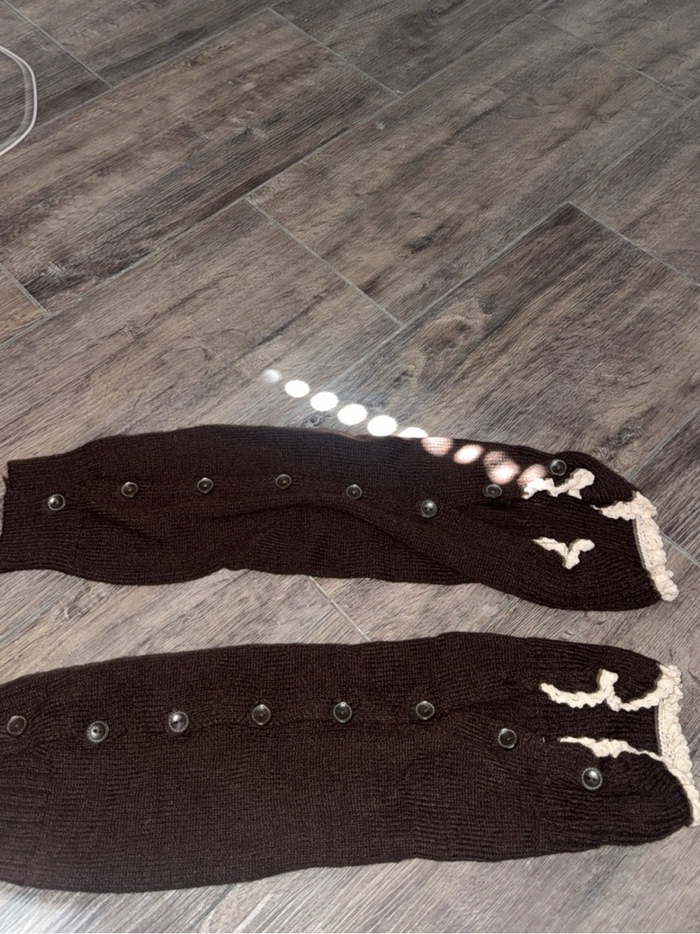 Brown Knit Sleeve Covers with Cream Contrast Trim